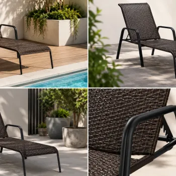 PK Deal Ξαπλώστρα Αλουμινίου με Rattan Μαύρο-Καφέ | Επαγγελματικού Τύπου – Ανακλινόμενη 4 Θέσεων – Στοιβαζόμενη – 200x68